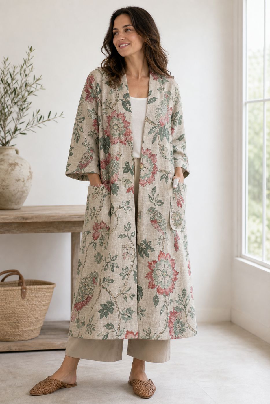 Inspiración kimono de mujer con loneta estampada flores pájaros
