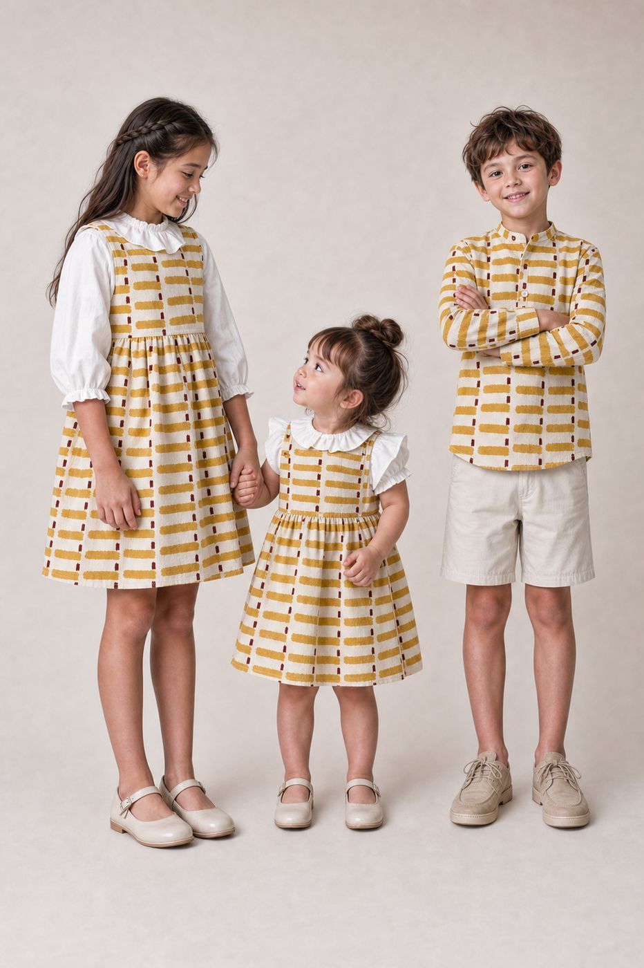Inspiración ropa de niños con tela algodón geométrica mostaza
