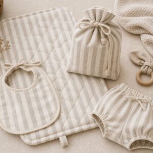 Inspiración bebé con tela algodón orgánico rayas beige - Telas Divinas Zamora