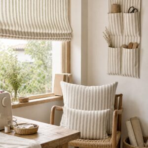Inspiración decoración con tela algodón orgánico rayas beige - Telas Divinas Zamora