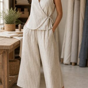 Inspiración mujer con tela algodón orgánico rayas beige - Telas Divinas Zamora