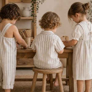 Inspiración niños con tela algodón orgánico rayas beige - Telas Divinas Zamora