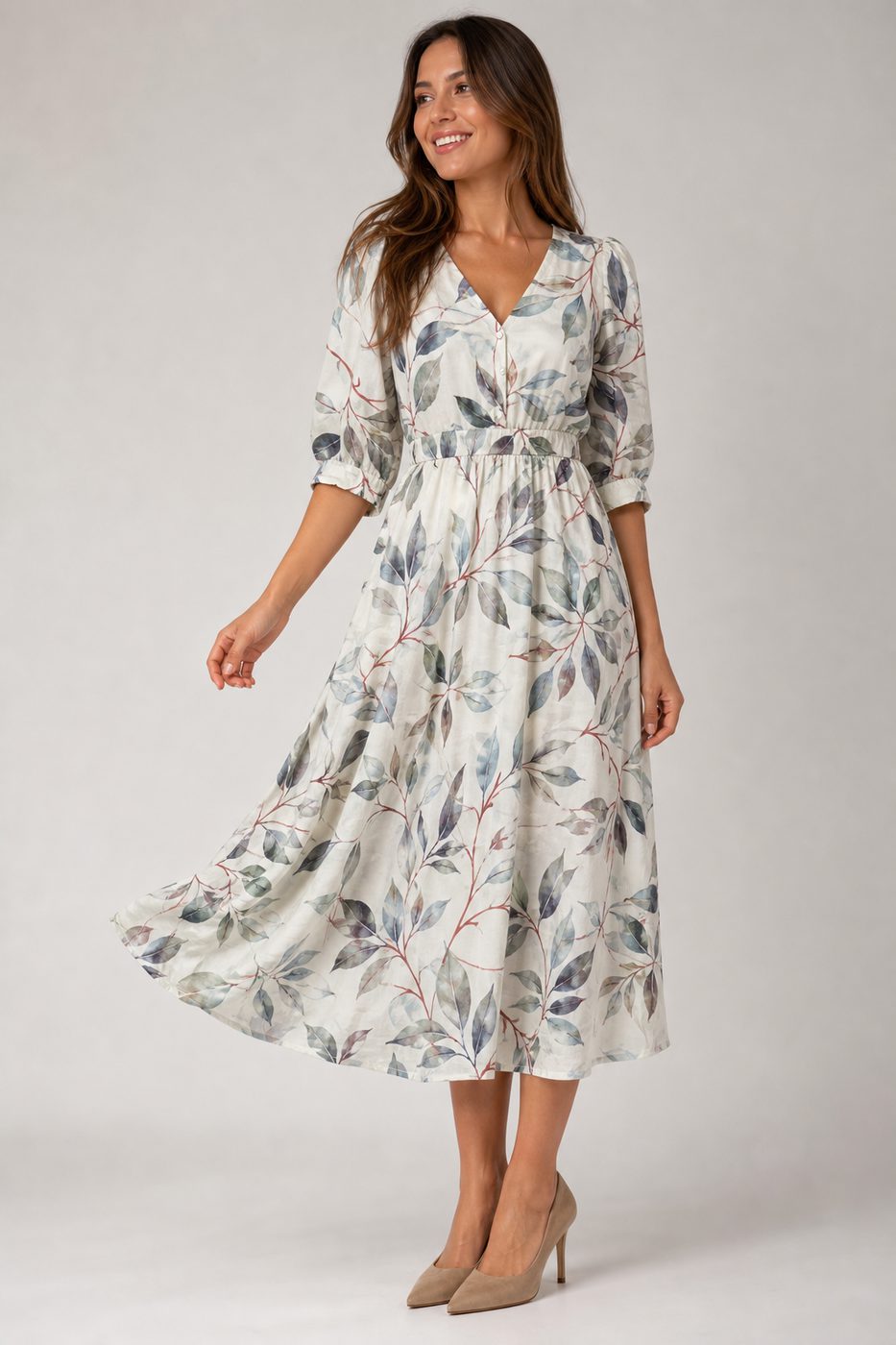 Inspiración vestido de mujer con tela viscosa estampada hojas - Telas Divinas Zamora