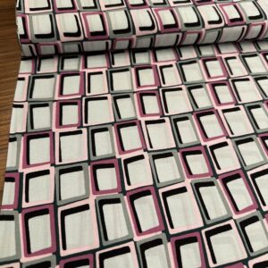 Tela viscosa geométrica agua con estampado geométrico en tonos agua, rosa, gris y negro