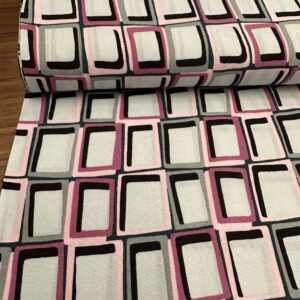 Tela viscosa geométrica agua con estampado geométrico en tonos agua, rosa, gris y negro