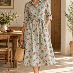 Inspiración vestido de mujer con tela estampada ramas azul - Telas Divinas Zamora