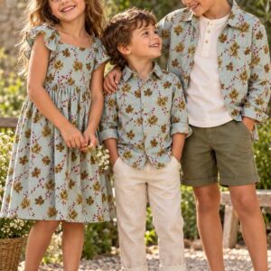 Inspiración ropa infantil con tela estampada ramas azul - Telas Divinas Zamora