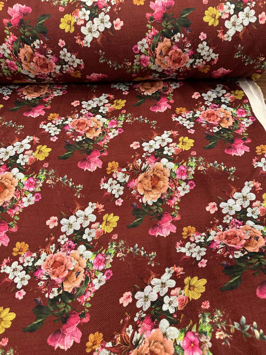 Tela tapicería lino viscosa granate floral - Telas Divinas Zamora - foto principal