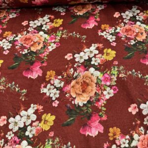 Tela tapicería lino viscosa granate con flores - Telas Divinas Zamora