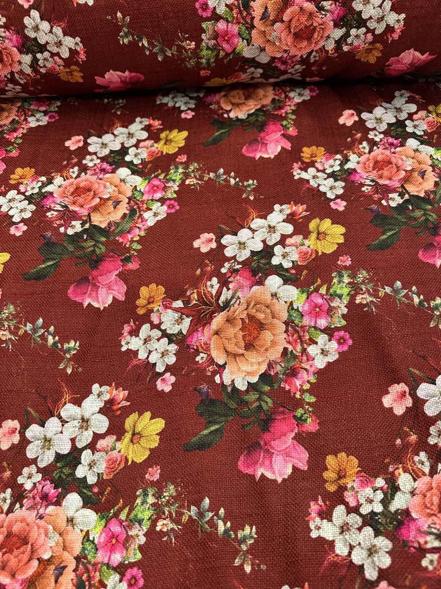 Tela tapicería lino viscosa granate con flores - Telas Divinas Zamora