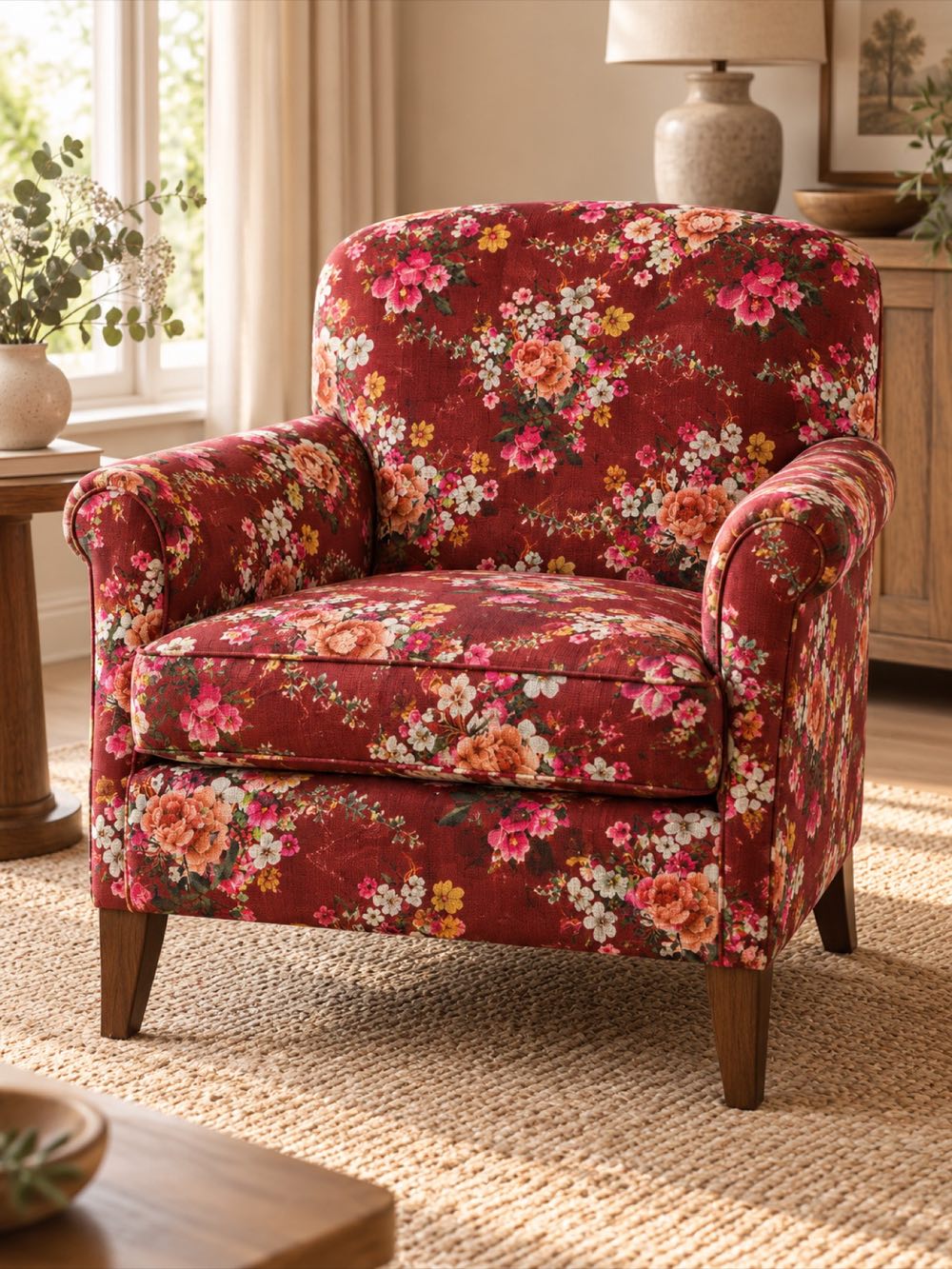 Inspiración butaca tapizada con tela lino viscosa floral - Telas Divinas Zamora