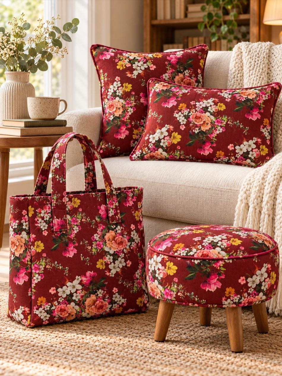 Inspiración decoración, cojines y bolso con tela lino viscosa floral - Telas Divinas Zamora